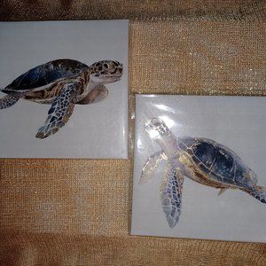 Wall Art Set of 2 Unframed CANVASES, SEA TURTLES, BLUE & GOLD